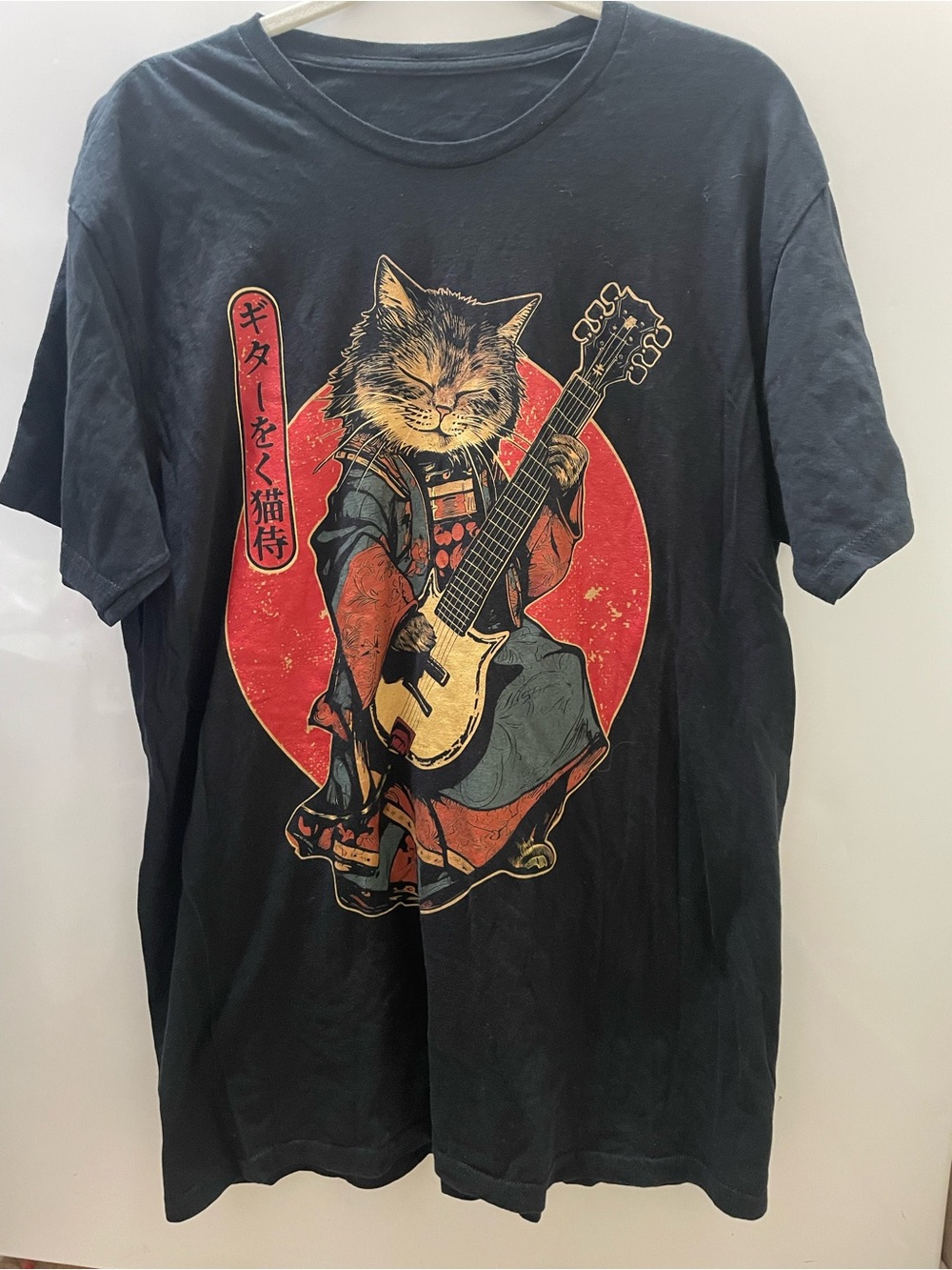 Black Cat Samurai Guitar Player Graphic T-Shirt Japanese Style Streetwear Tee